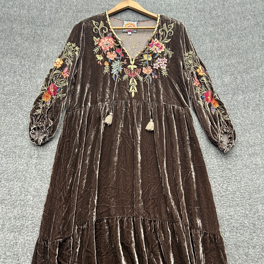 Johnny Was Taline Velvet Dress Boho Brown Midi Medium Floral Butterfly Cottage - Picture 4 of 11